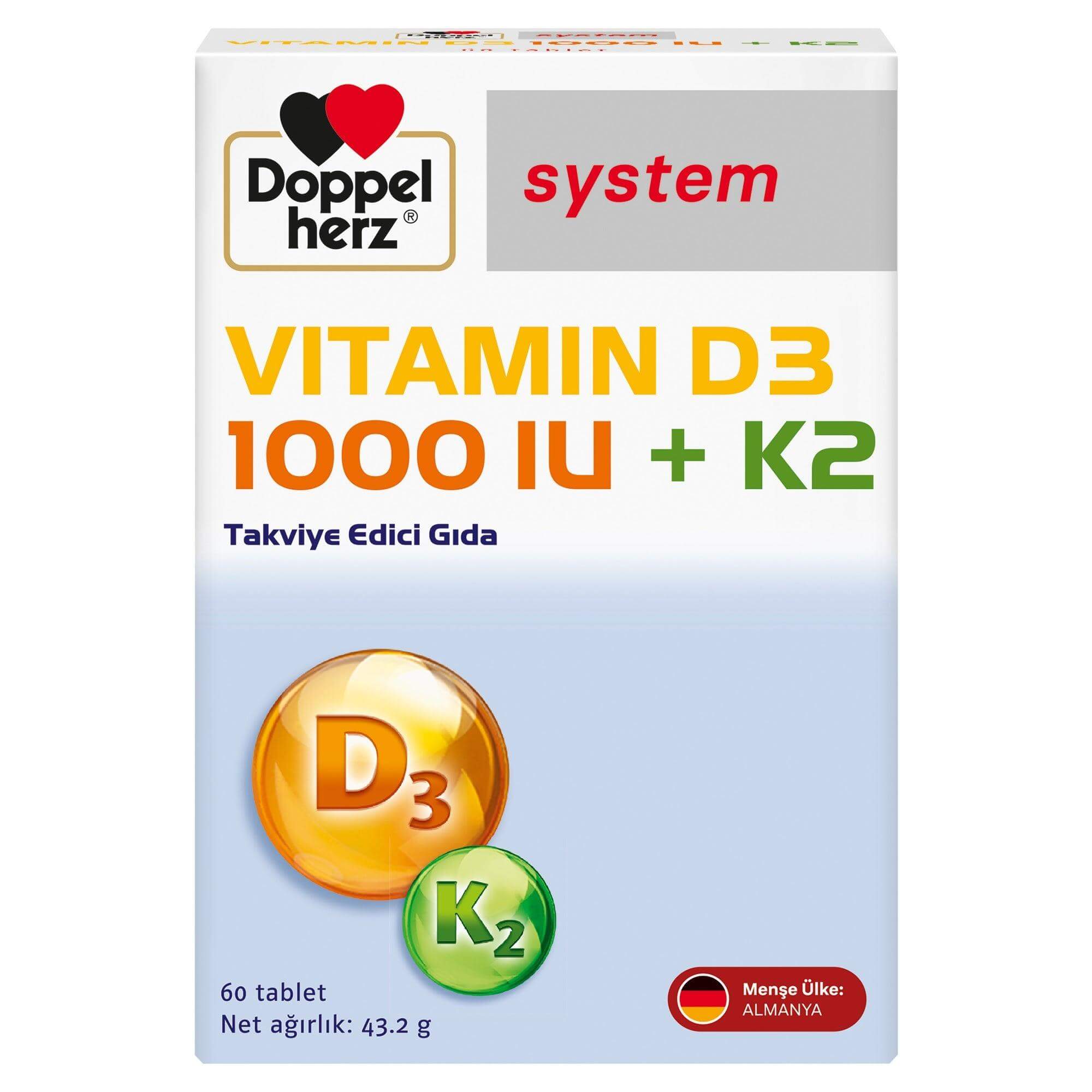 Doppelherz Vitamin D3 1000 IU + K2 60 Tablet - Farmareyon
