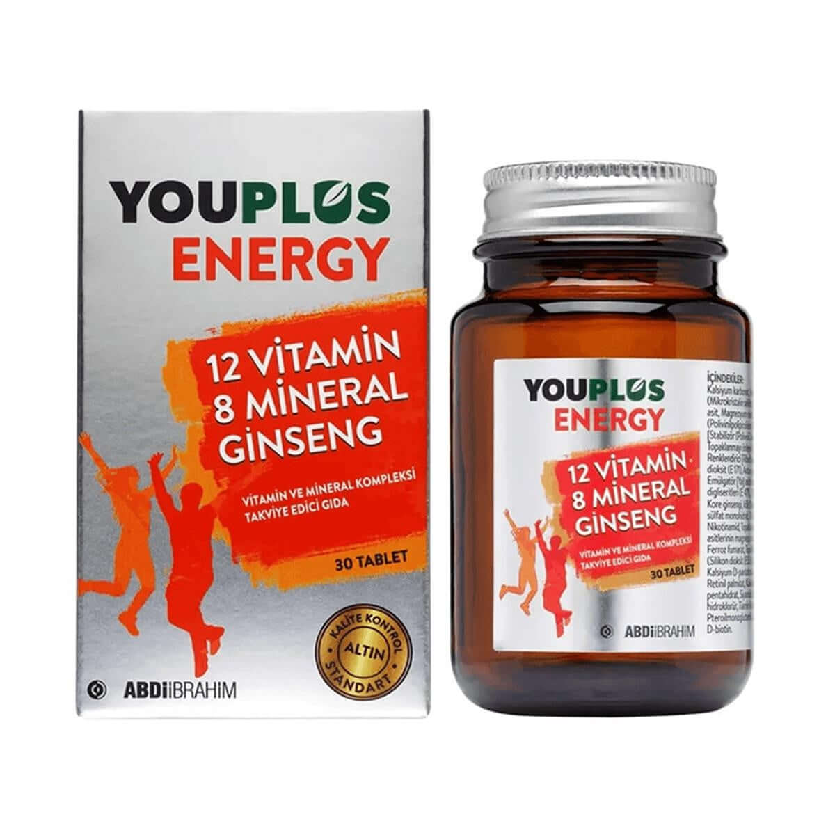 Youplus Energy Vitamin ve Mineral Kompleksi 30 Tablet-Youplus Energy Vitamin ve Mineral Kompleksi 30 Tablet 12 Vitamin 8 Mineral ve Ginseng içeren takviye edici gıda İçeriğinde C, B1, B2, B3, B5, B6, B12 vitaminleri ve Biotin, Demir, Magnezyum, Manganez,