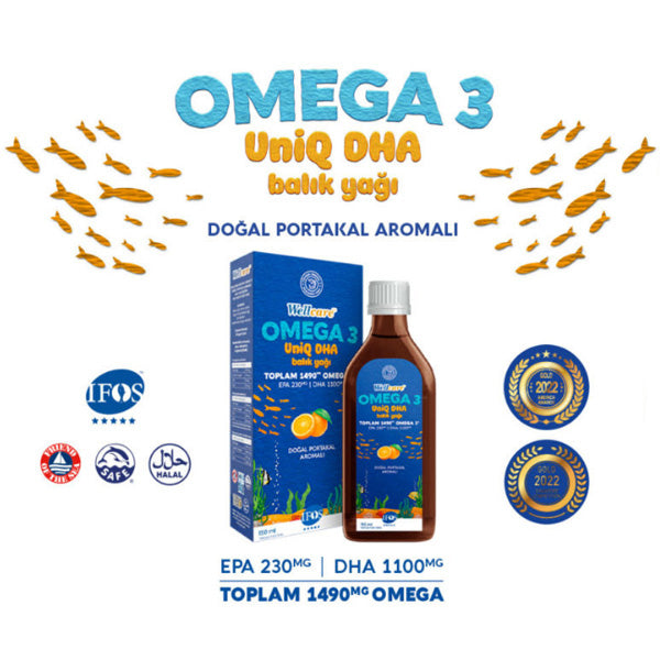 Wellcare Omega 3 UNIQ DHA Portakal Aromalı Balık Yağı 150 ml